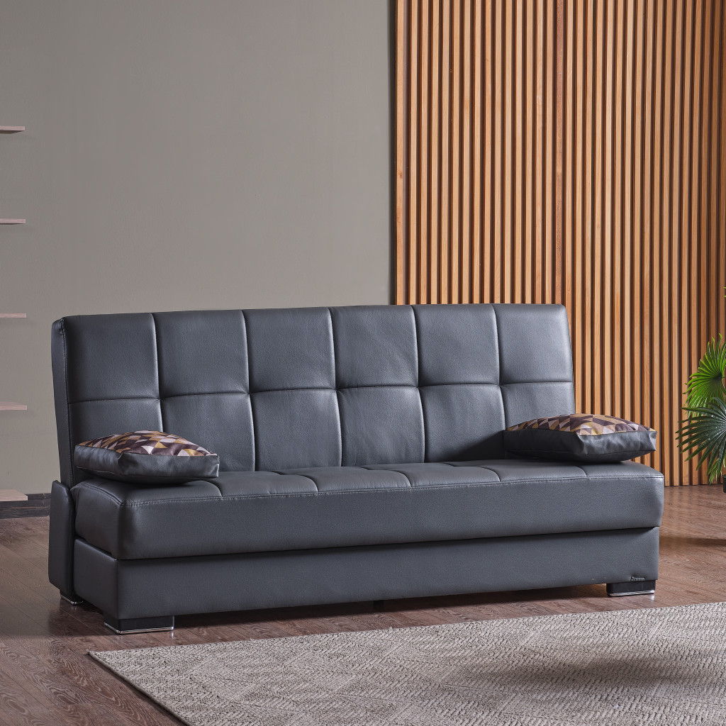 Faux Leather Convertible Futon Sleeper Sofa And Toss Pillows With Brown Legs - Gray