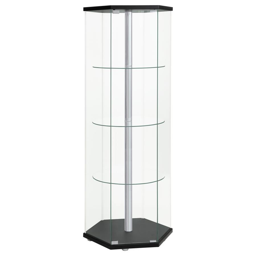Zahavah - 4-Shelf Hexagonal Clear Glass Curio Cabinet Black by CoasterEveryday | Bel Furniture