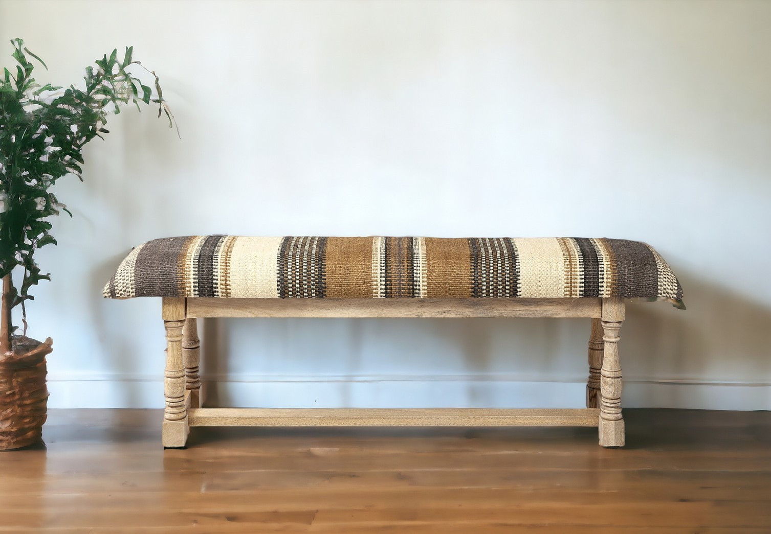 Upholstered Jute Striped Bench - Beige / Gray