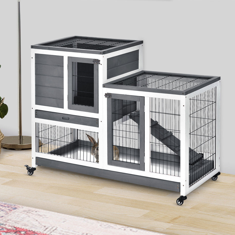 Pawhut - Wooden Rabbit Hutch Elevated Bunny Cage Indoor Small Animal Habitat With Enclosed Run With Wheels, Ramp, Removable Tray Ideal For Guinea Pigs - Gray