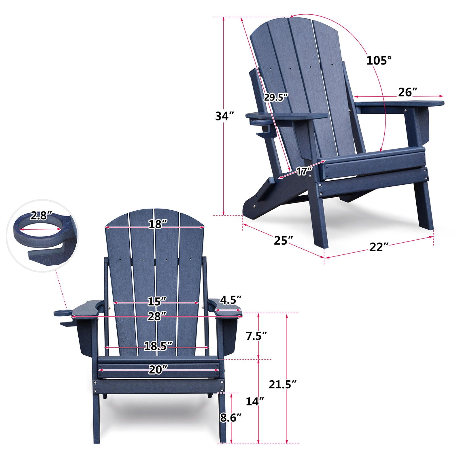 Folding Outdoor Adirondack Chair For Relaxing, Hdpe All-Weather Fire Pit Chair, Patio Lawn Chair For Outside Deck Garden Backyardf Balcony - Navy Blue