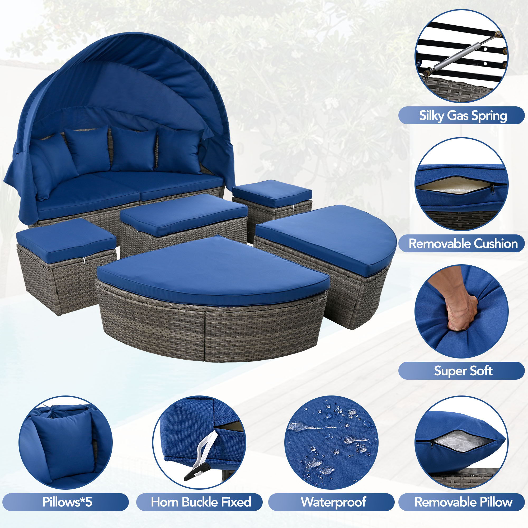 Outdoor Rattan Daybed Sunbed With Retractable Canopy Wicker Furniture, Round Outdoor Sectional Sofa Set - Black Wicker Furniture Clamshell Seating With Washable Cushions, Backyard, Porch