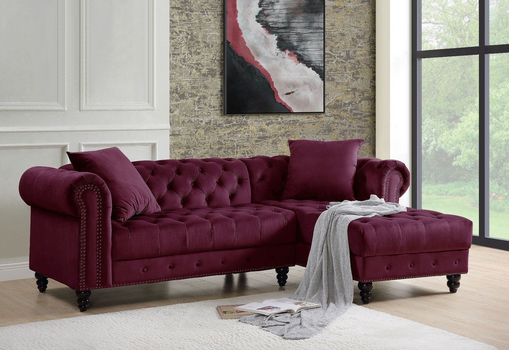 Velvet L Shaped Sofa And Chaise Sectional And Toss Pillows - Red