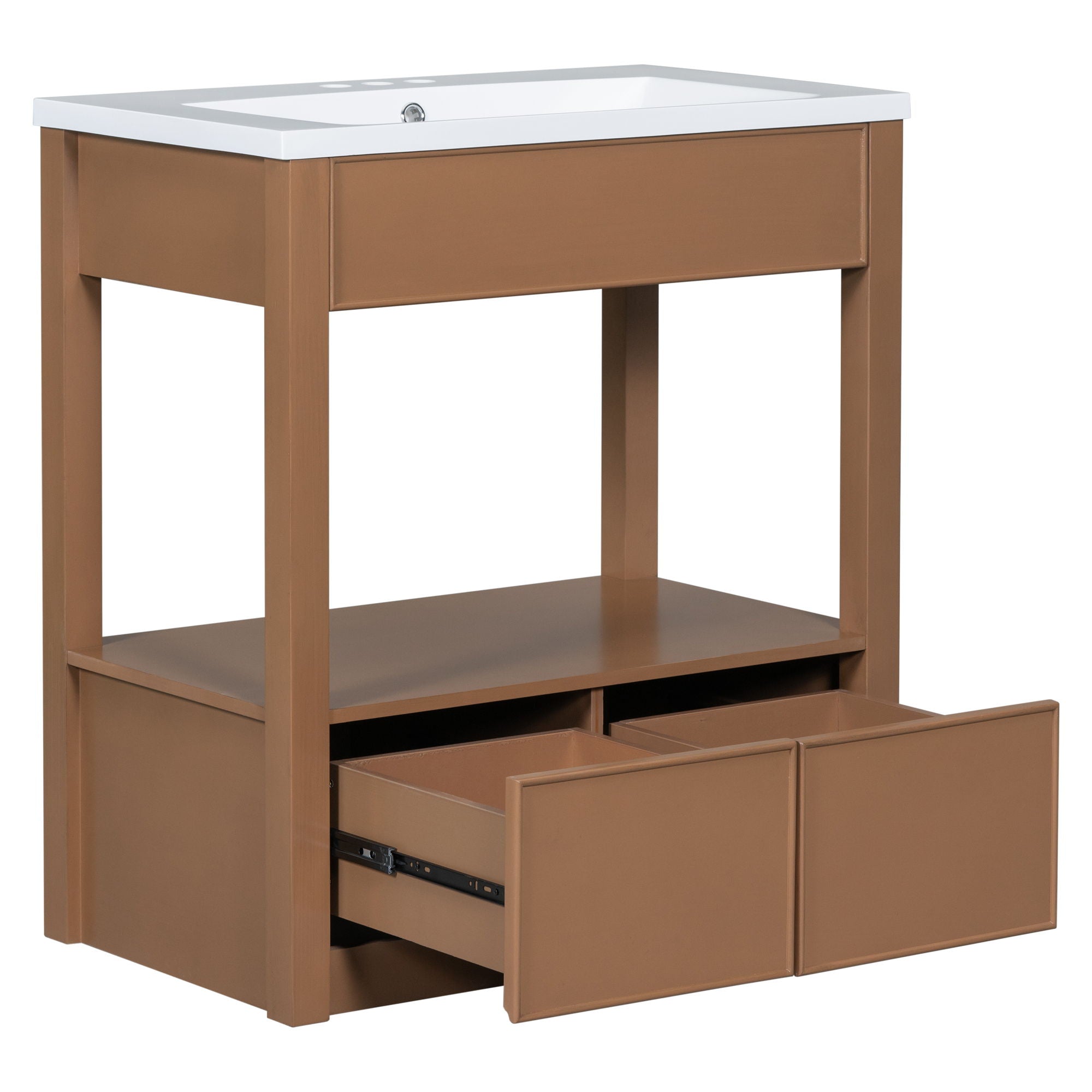 Bathroom Vanity With Sink Top, Bathroom Cabinet With Open Storage Shelf And Two Drawers - Brown