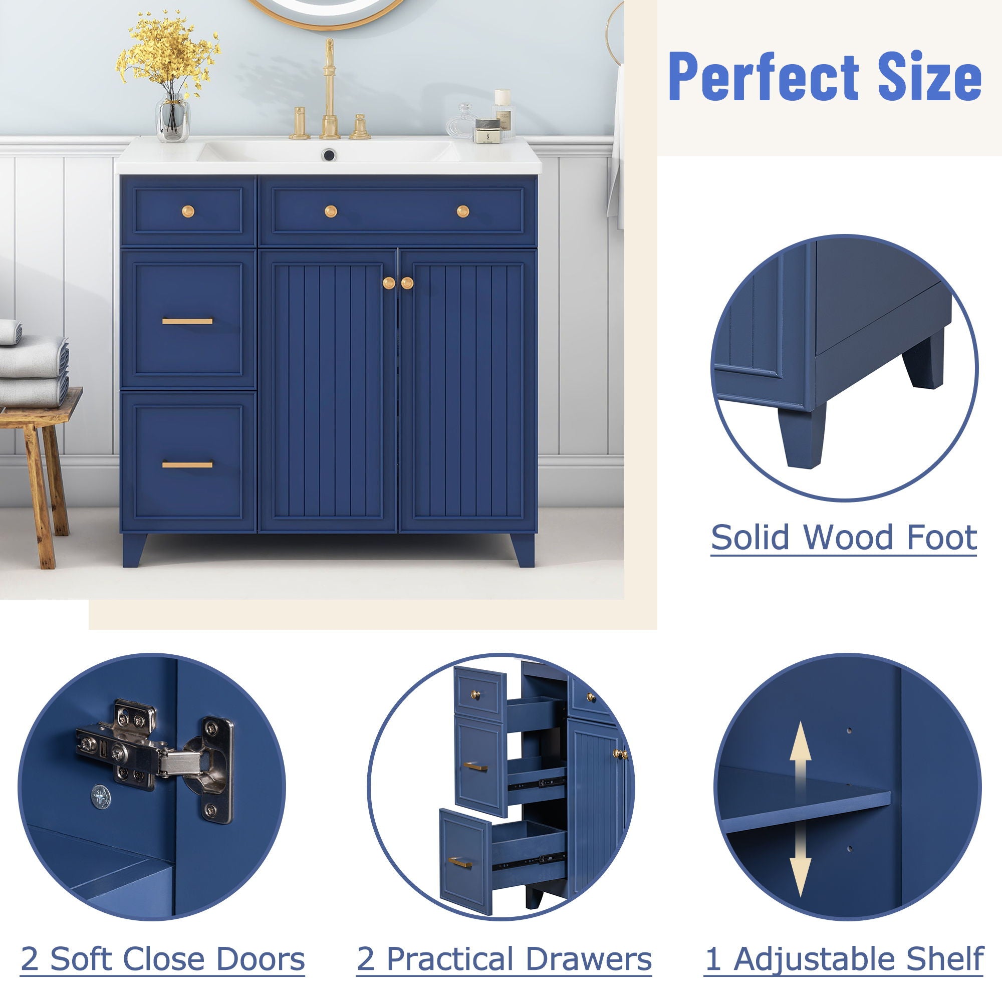 Bathroom Vanity, Transitional Style Bathroom Cabinet With Resin Sink, Single Bathroom Cabinet, With 2 Drawers And 1 Adjustable Storage Shelf, 2 Soft-Close Doors