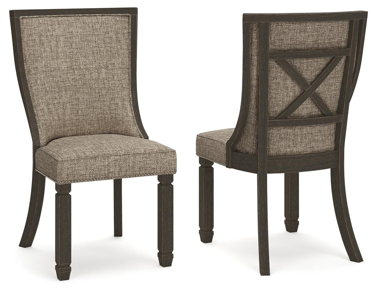 Tyler Creek dining chairs set of 2 with gray upholstery, X-back design, and dark wood frame - Bel Furniture