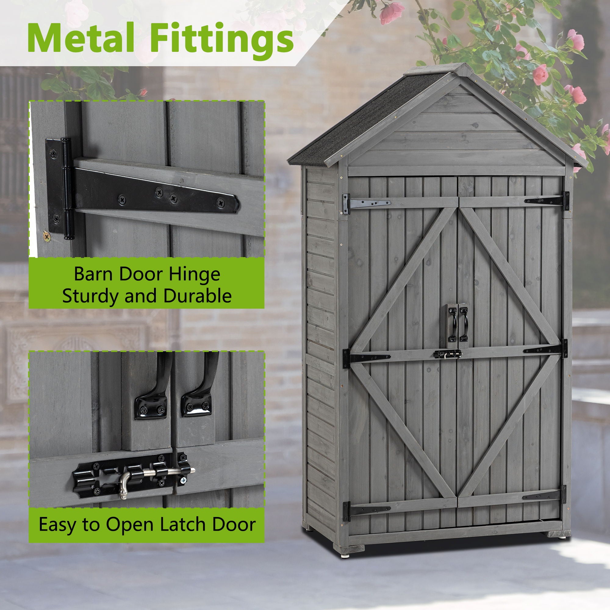 Outdoor Storage Cabinet, Garden Wood Tool Shed, Outside Wooden Shed Closet With Shelves And Latch For Yard