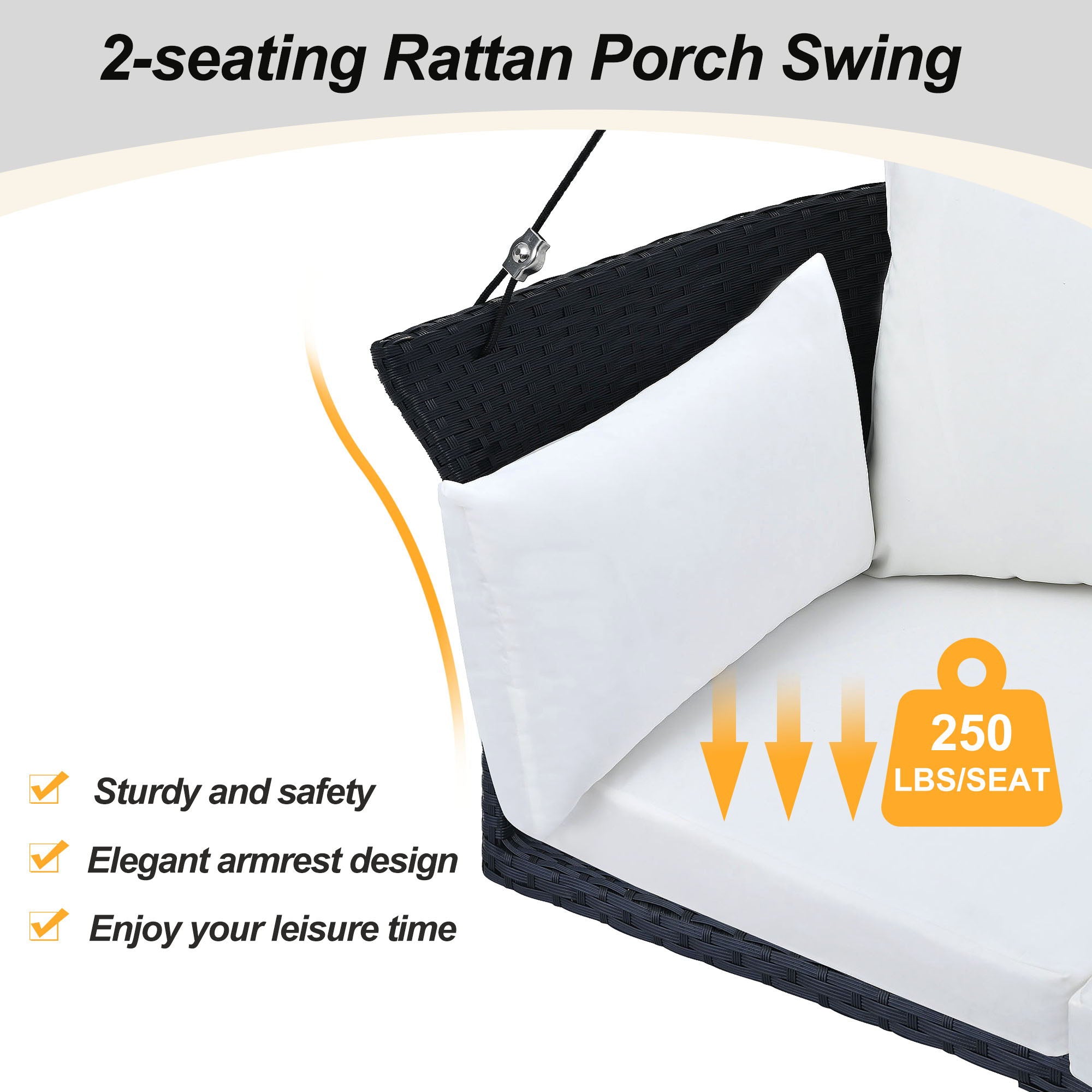 2 Person Hanging Seat, Rattan Woven Swing Chair, Porch Swing With Ropes