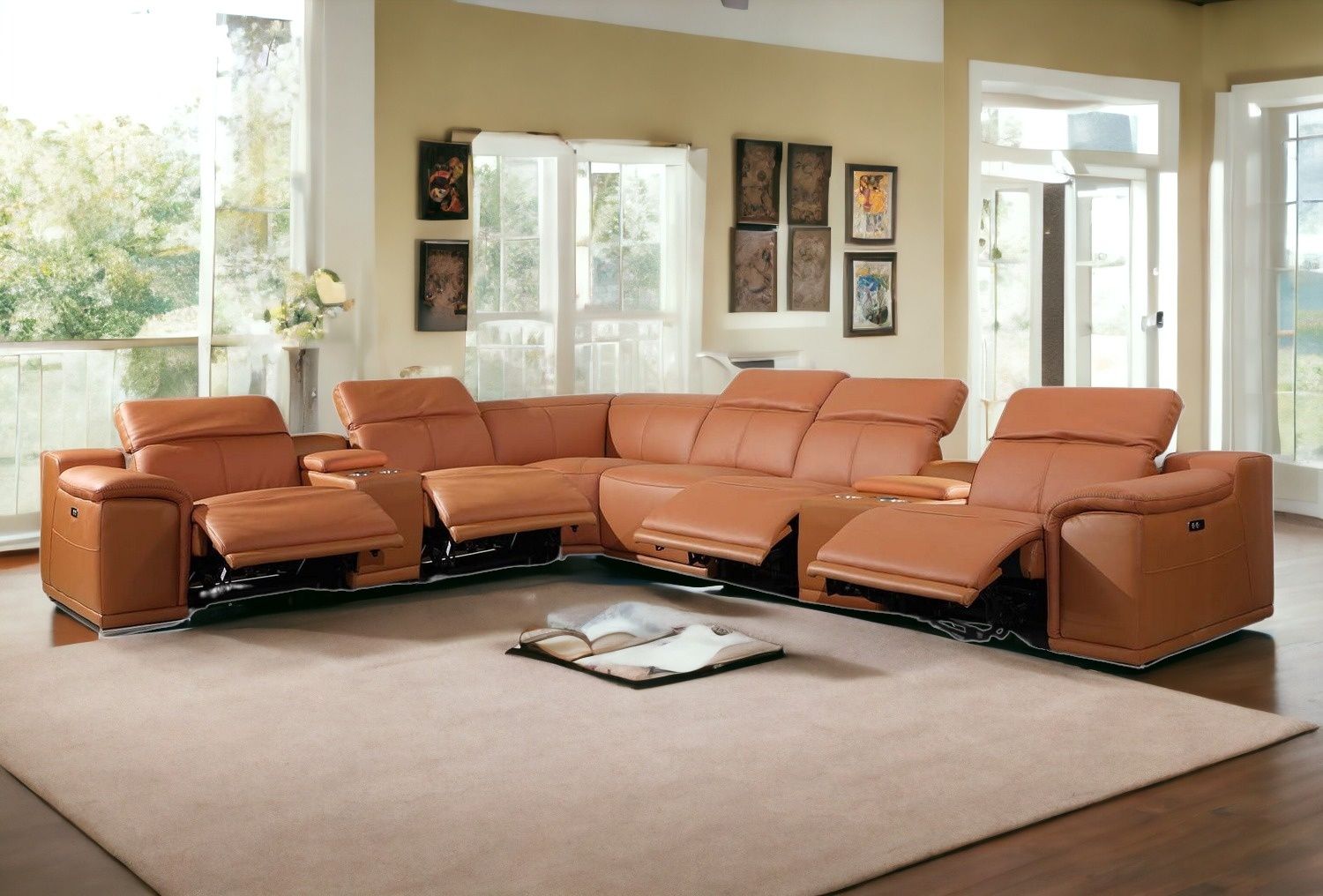 Power Reclining Italian Leather U Shaped Eight Piece Corner Sectional With Console - Camel