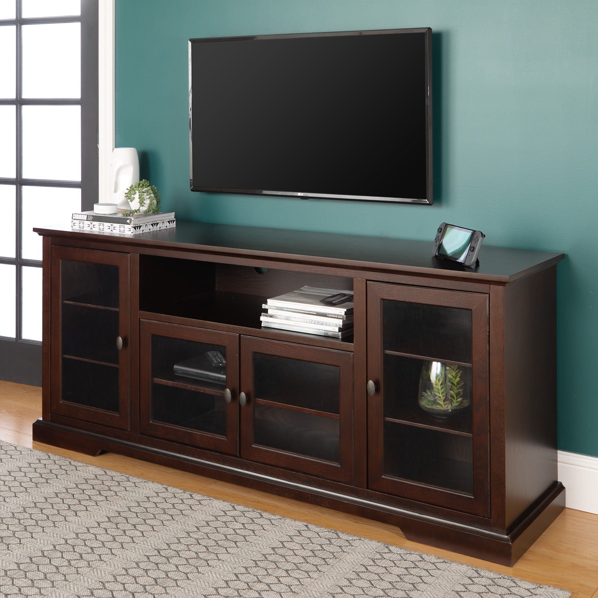 Transitional Classic 70" TV Stand For 80" TVs With 4 Glass Doors