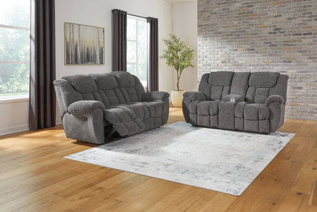 Foreside - Reclining Living Room Set Dark Gray 2 Pc. Reclining Sofa, Reclining Loveseat With Console by Signature Design by Ashley® | Bel Furniture