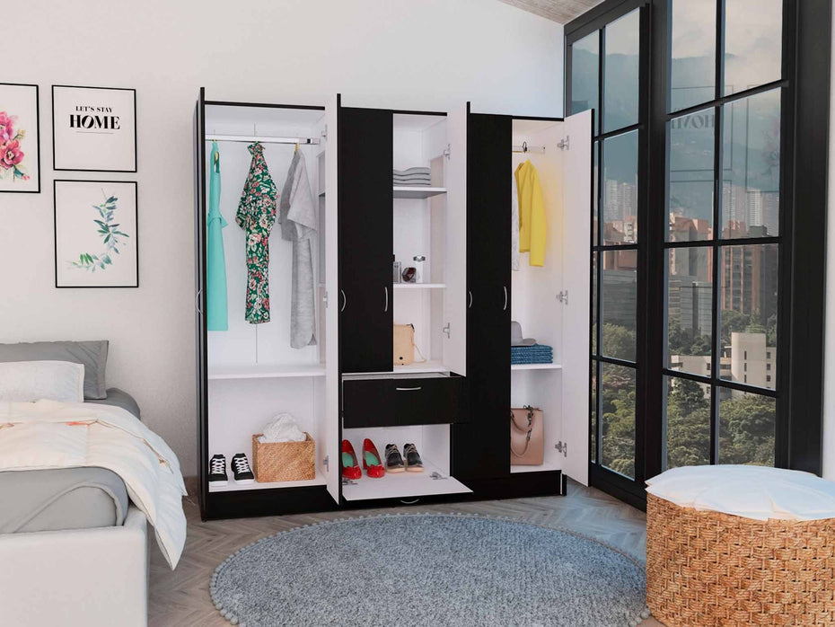 Tall Six Door Closet Wardrobe Center - Black / White