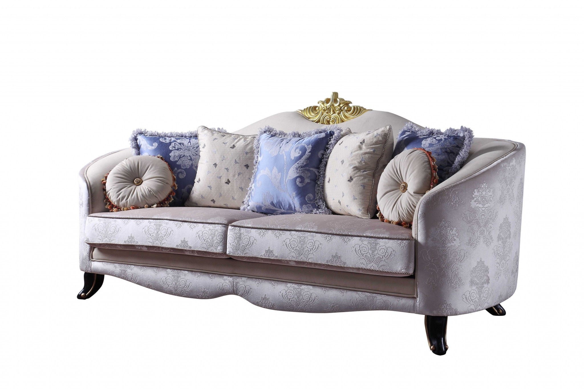 Velvet Curved Damask Sofa And Toss Pillows With Black Legs - Cream