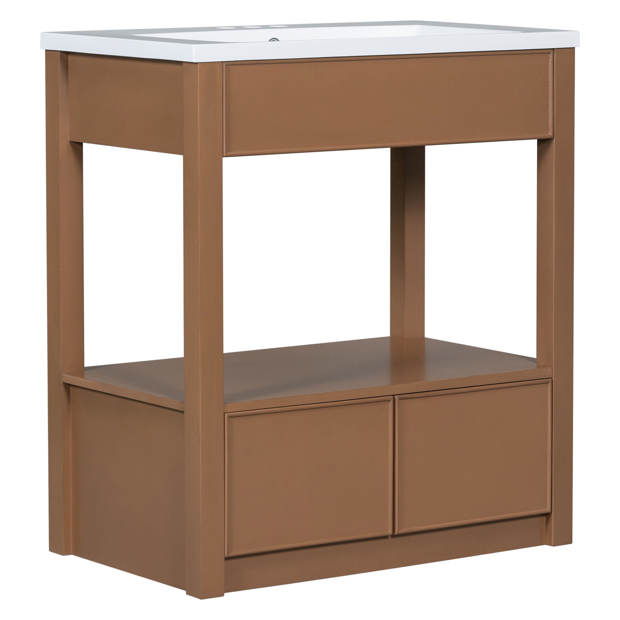 Bathroom Vanity With Sink Top, Bathroom Cabinet With Open Storage Shelf And Two Drawers - Brown