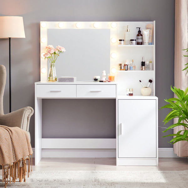 Vanity Desk With Mirror And Lights, 46.4In Dressing Table With 2 Large Drawer & Large Vertical Organizer, 3 Level Dresser & 3 Lighting Modes Adjustable Brightness, Suitable For Bedroom