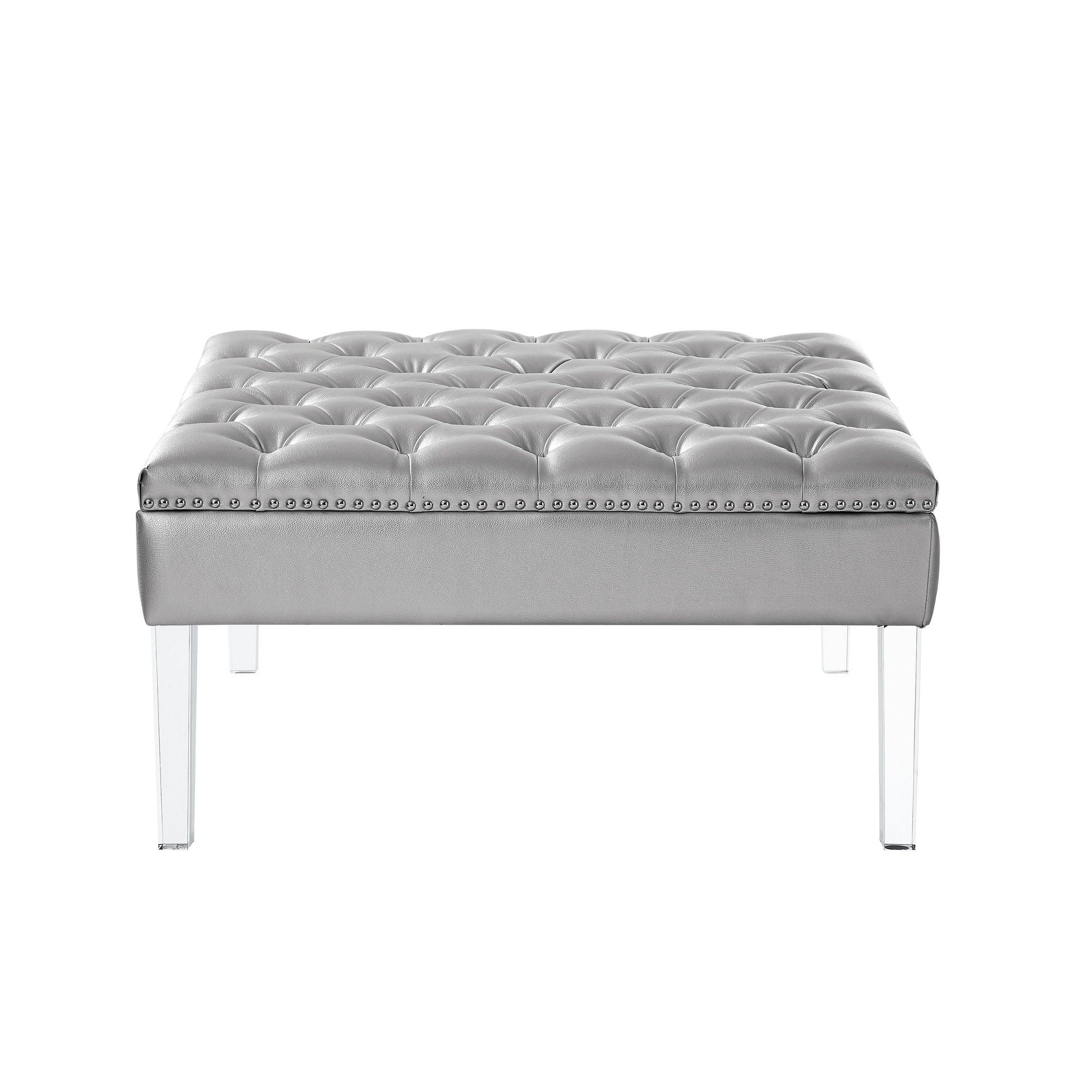 Faux Leather Tufted Cocktail Ottoman - Silver / Clear