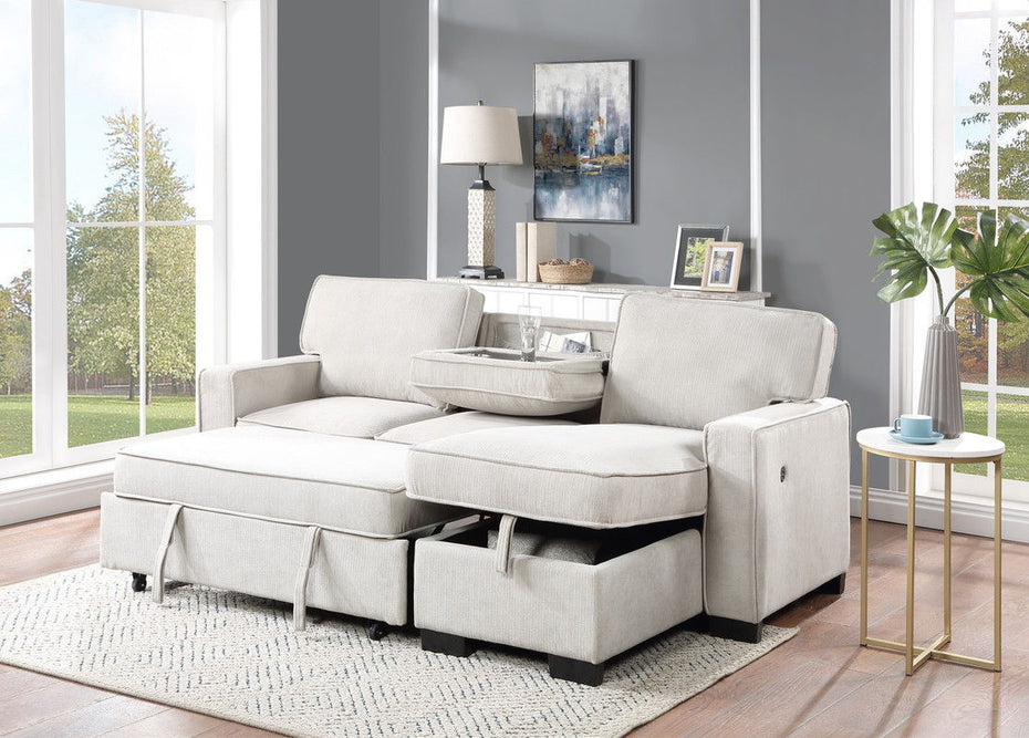 Estelle - Fabric Reversible Sleeper Sectional With Storage Chaise Drop-Down Table 2 Cup Holders And 2 USB Ports