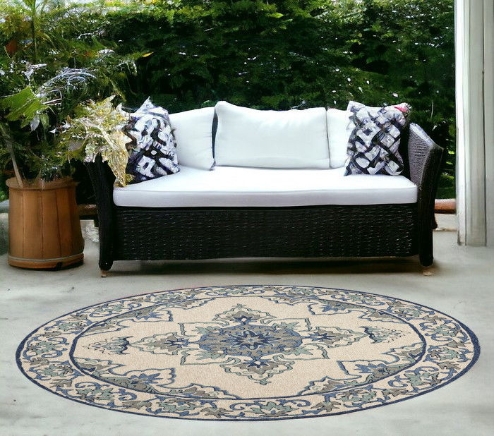 8' Hand Hooked UV Treated Floral Medallion Round Indoor / Outdoor Area Rug - Ivory Blue