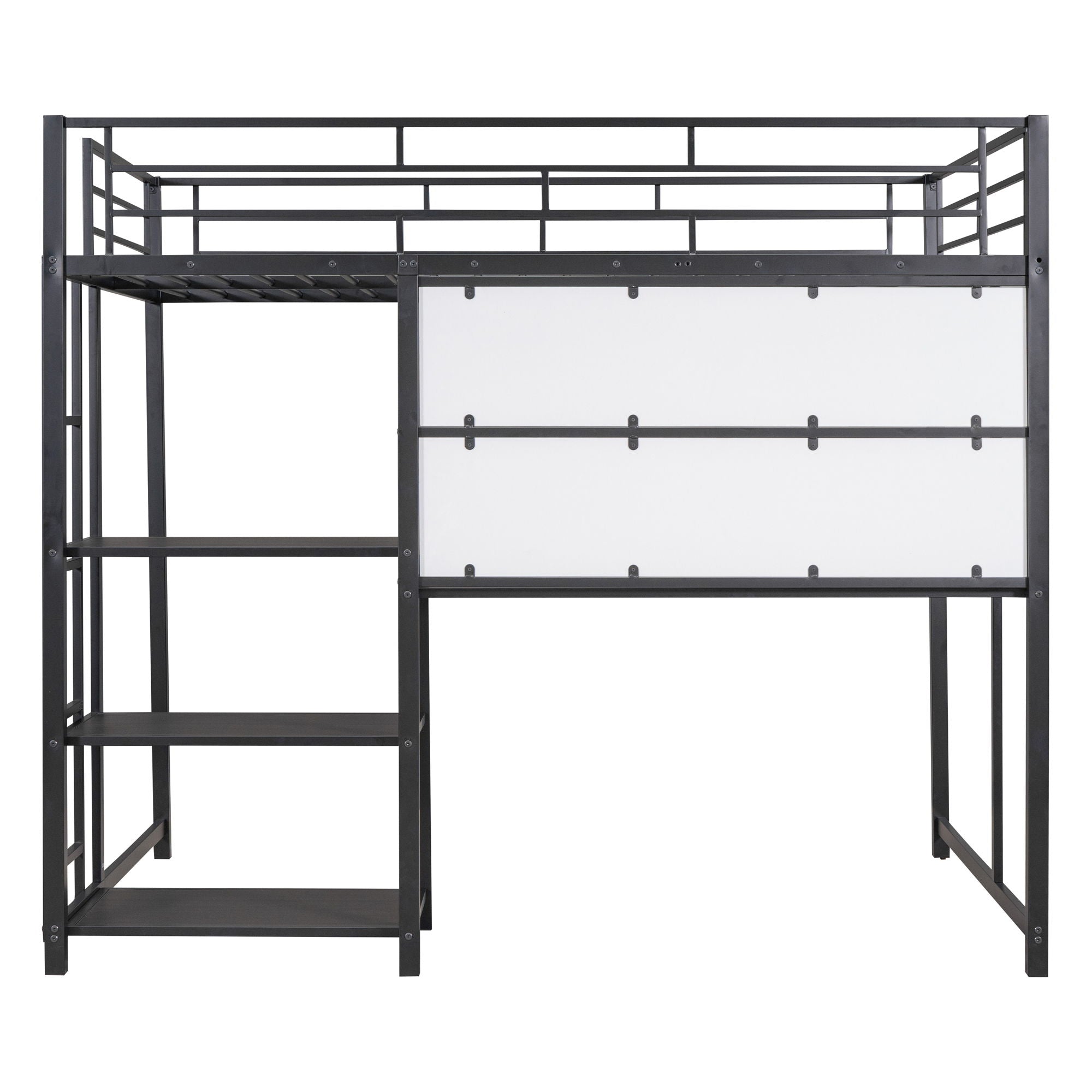 Loft Bed With Desk And Whiteboard, Metal Loft Bed With 3 Shelves And Ladder