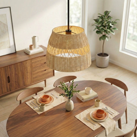 Essence - Single Lights Pendant With Shade - Black / Rattan - view 2