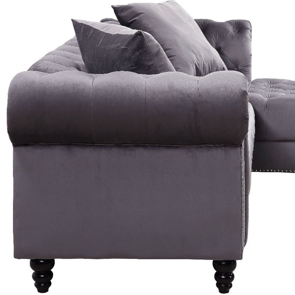 Velvet L Shaped Sofa And Chaise Sectional And Toss Pillows - Gray