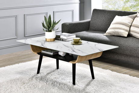 Landon - Coffee Table With Glass Marble Texture Top And Bent Wood Design by Lilola Home | Bel Furniture