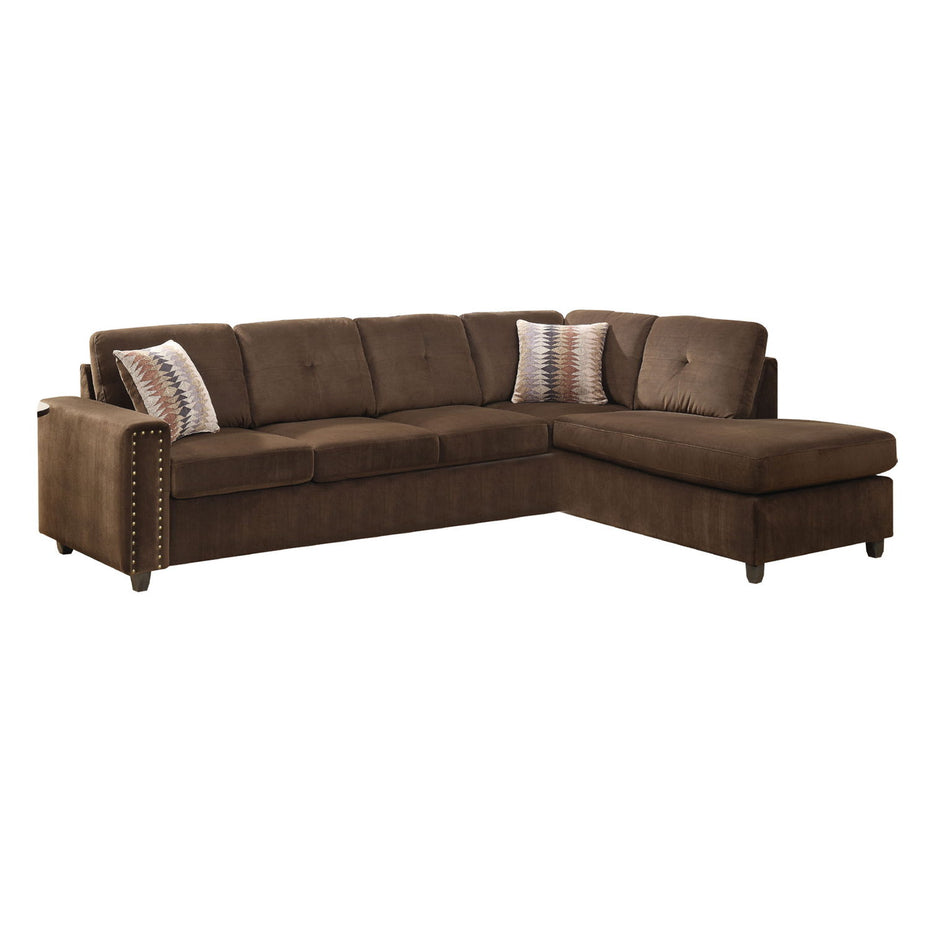 Velvet L Shaped Two Piece Sofa And Chaise Sectional And Toss Pillows - Chocolate