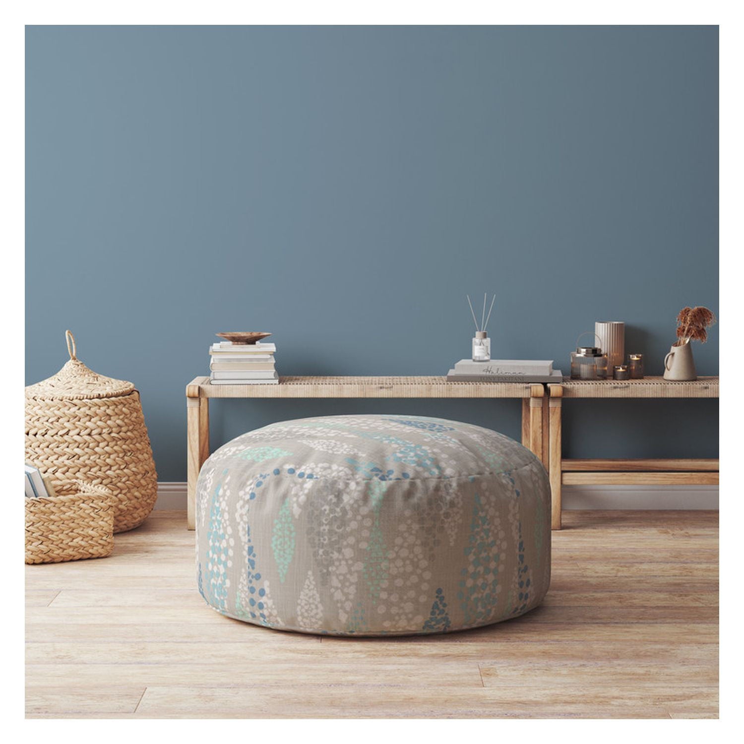 Canvas Round Polka Dots Pouf Ottoman - Ivory