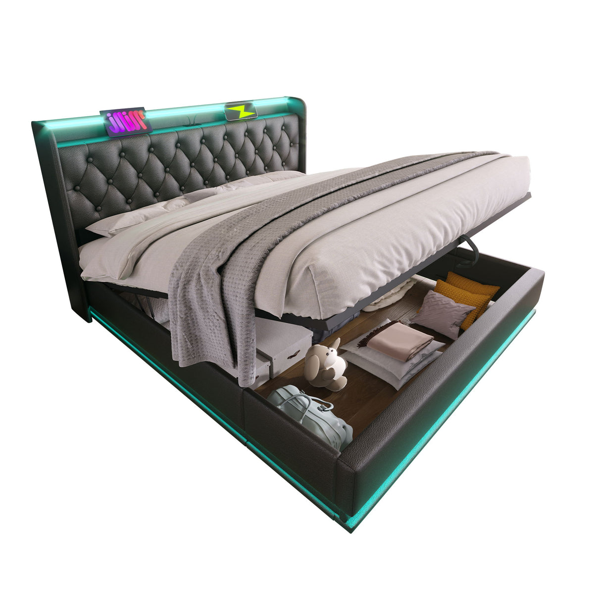 Upholstered Bed, 360 Surround LED Function, Remote Control, Hydraulic Storage Bed With USB, Type-C Charging (Without Mattress)