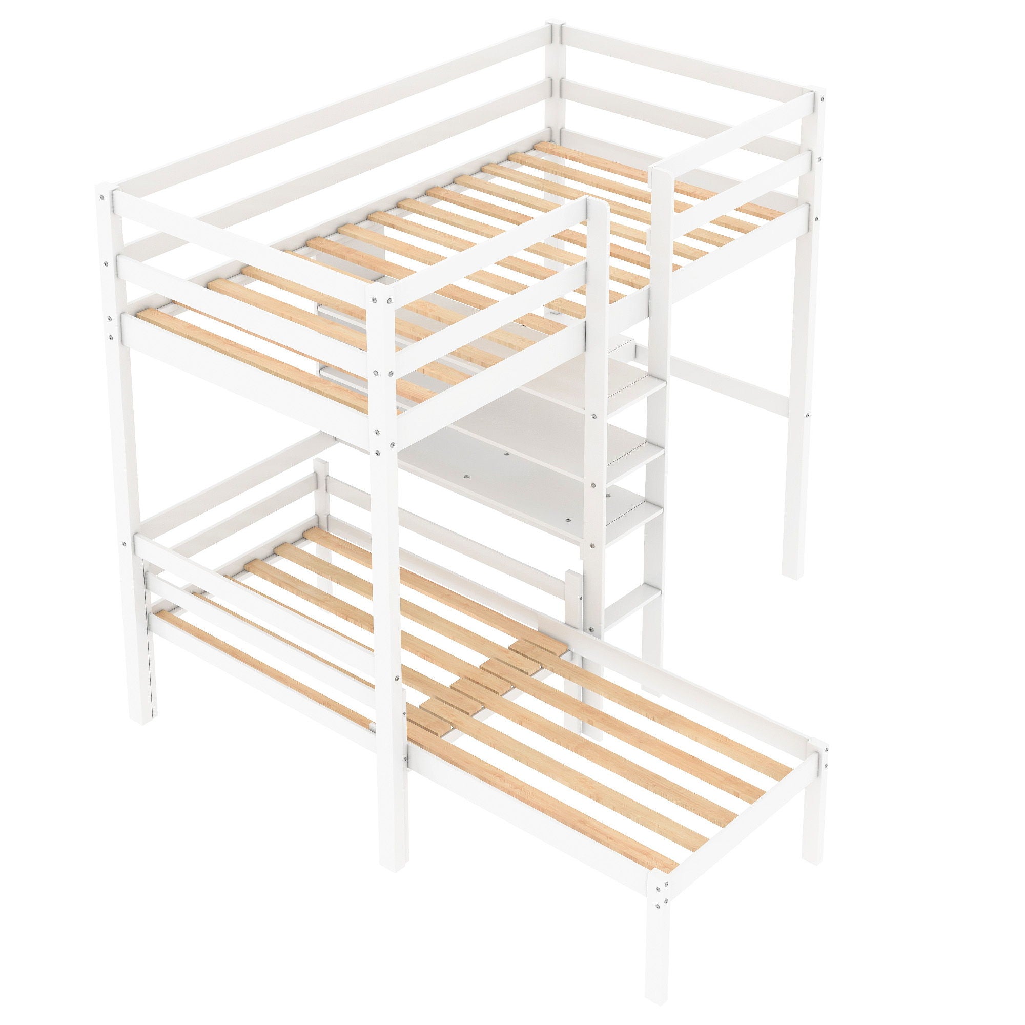 Convertible Loft Bed With L-Shape Desk, Twin Bunk Bed With Shelves And Ladder - White