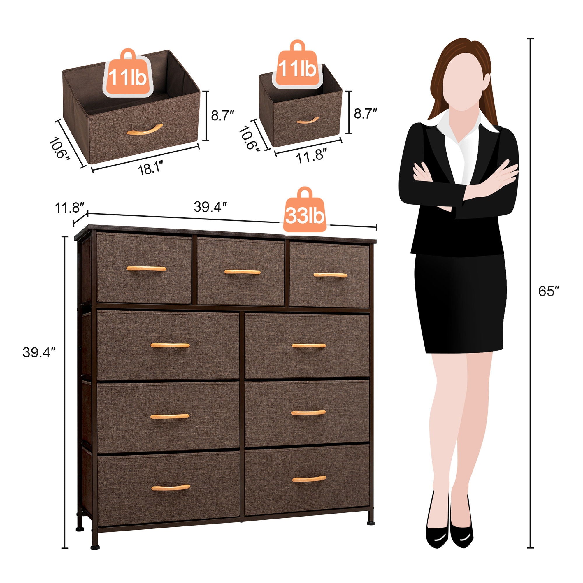 Steel And Fabric Nine Drawer Triple Dresser - Brown