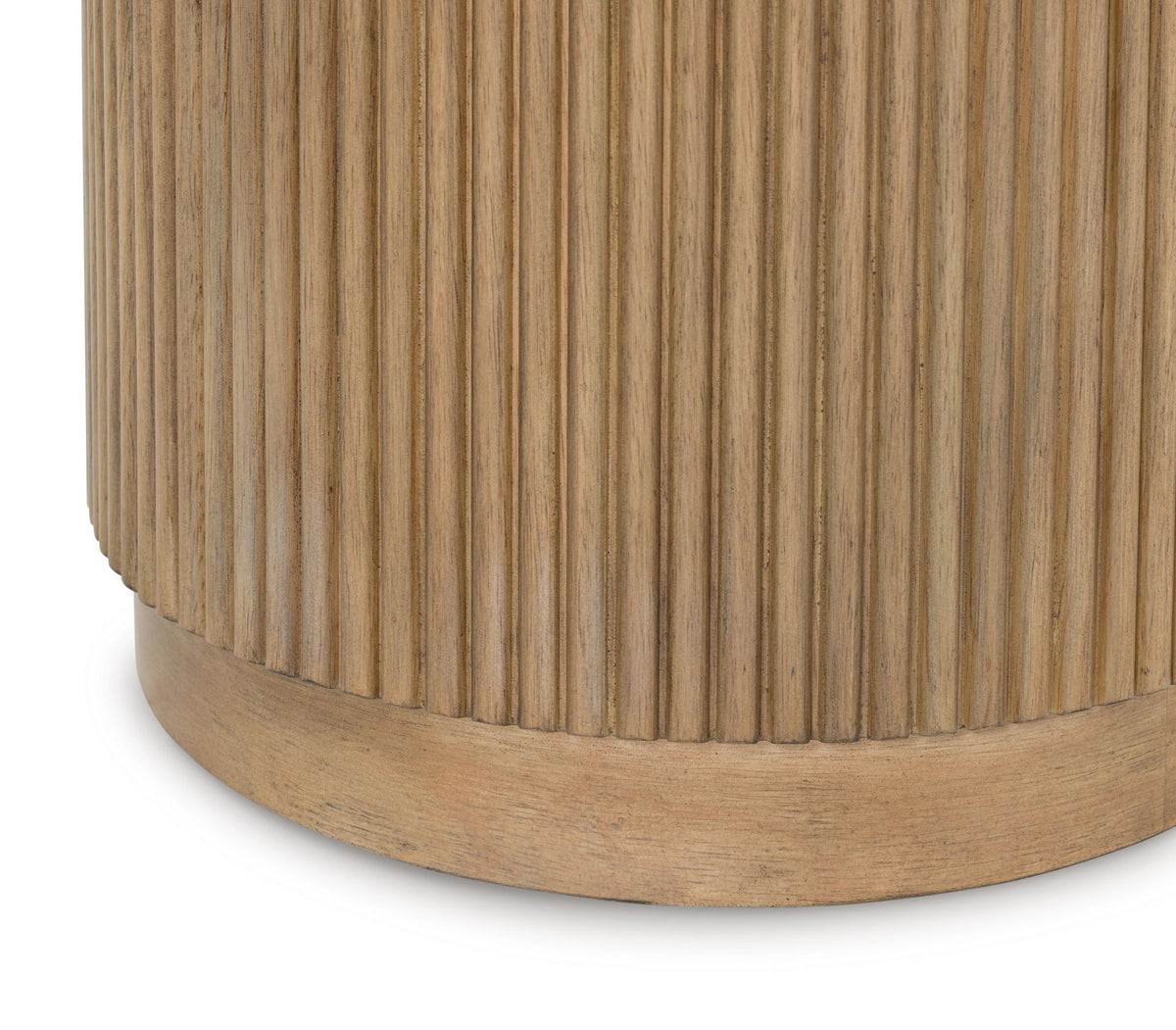 Cylindrical round cocktail table with natural wood grain texture and curved base in light brown - Bel Furniture