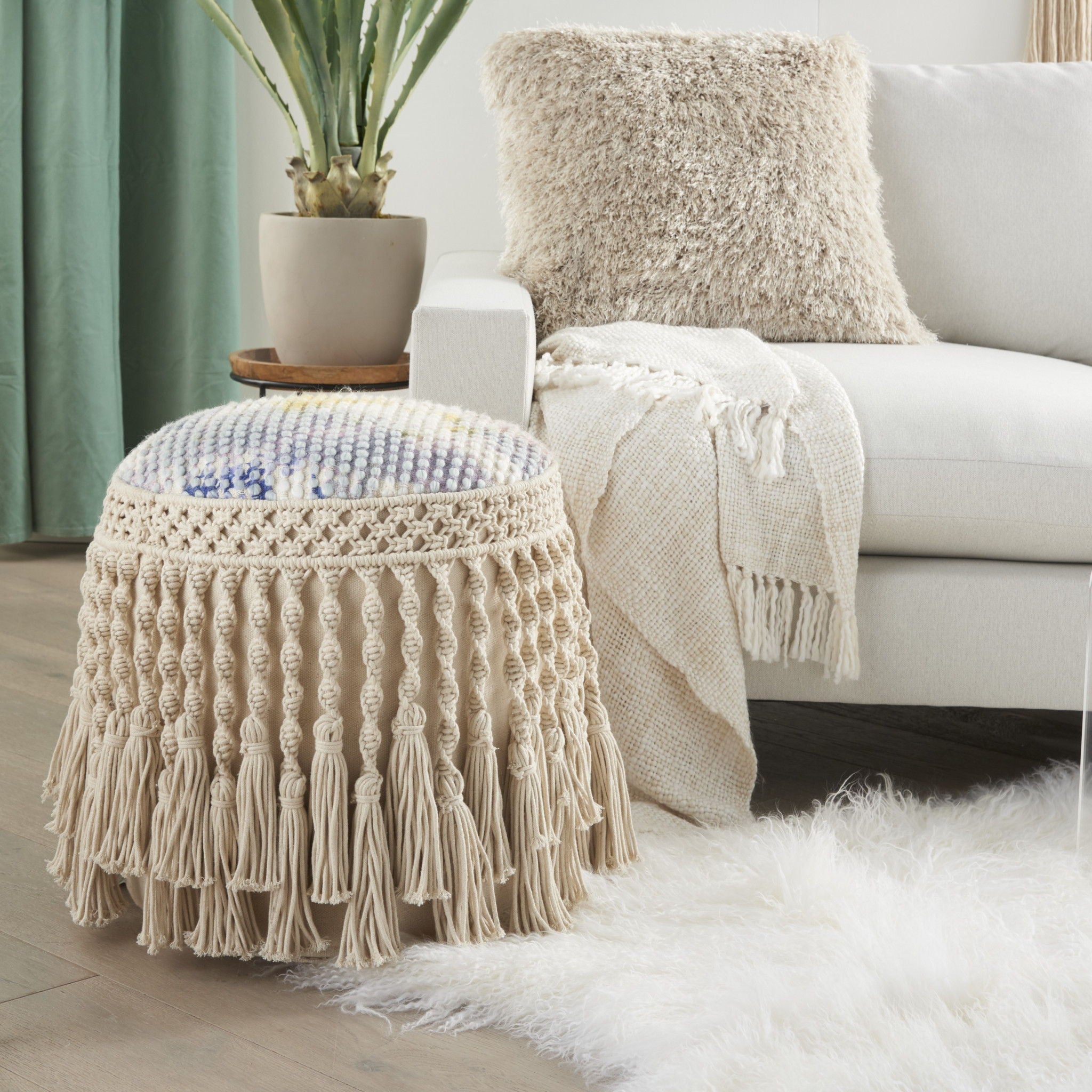 Cotton Round Abstract Pouf Ottoman - Ivory / Blue