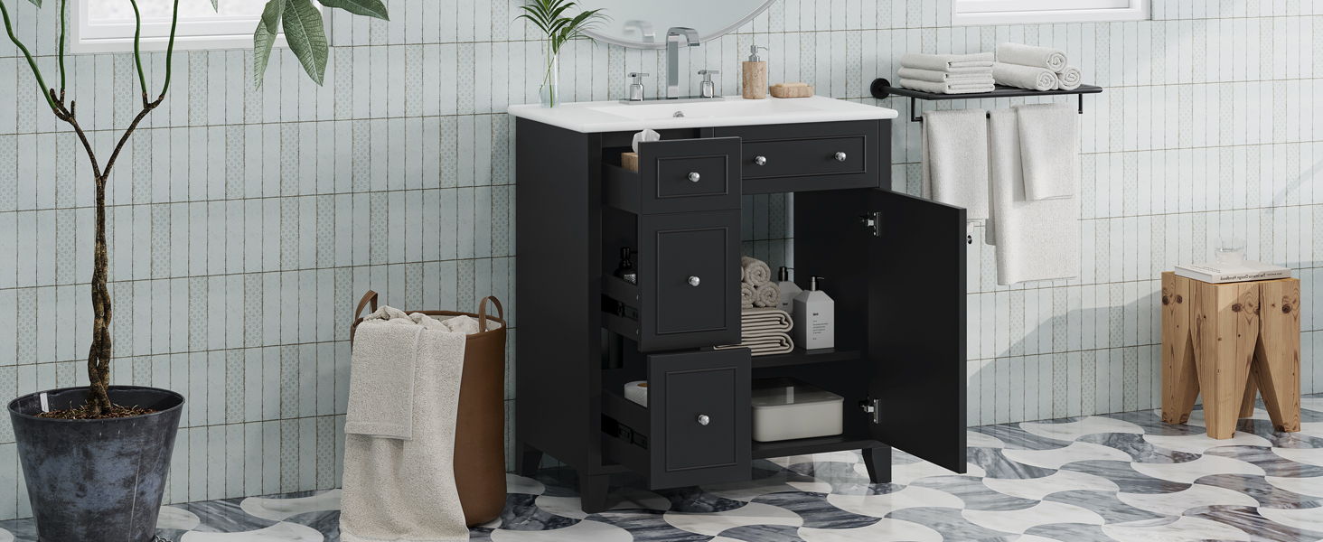 Bathroom Vanity Cabinet With Ceramic Basin, Double-Layer Drawer, Deep Drawer And Adjustable Shelf