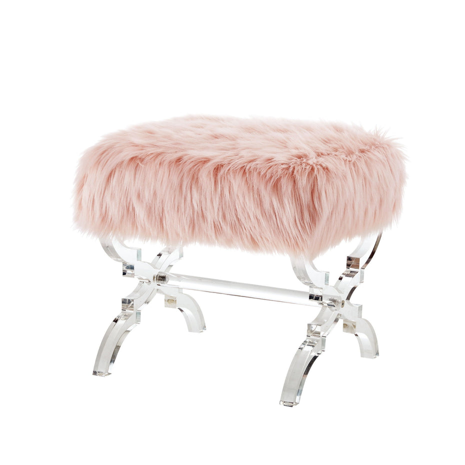 Faux Fur Ottoman - Rose / Clear