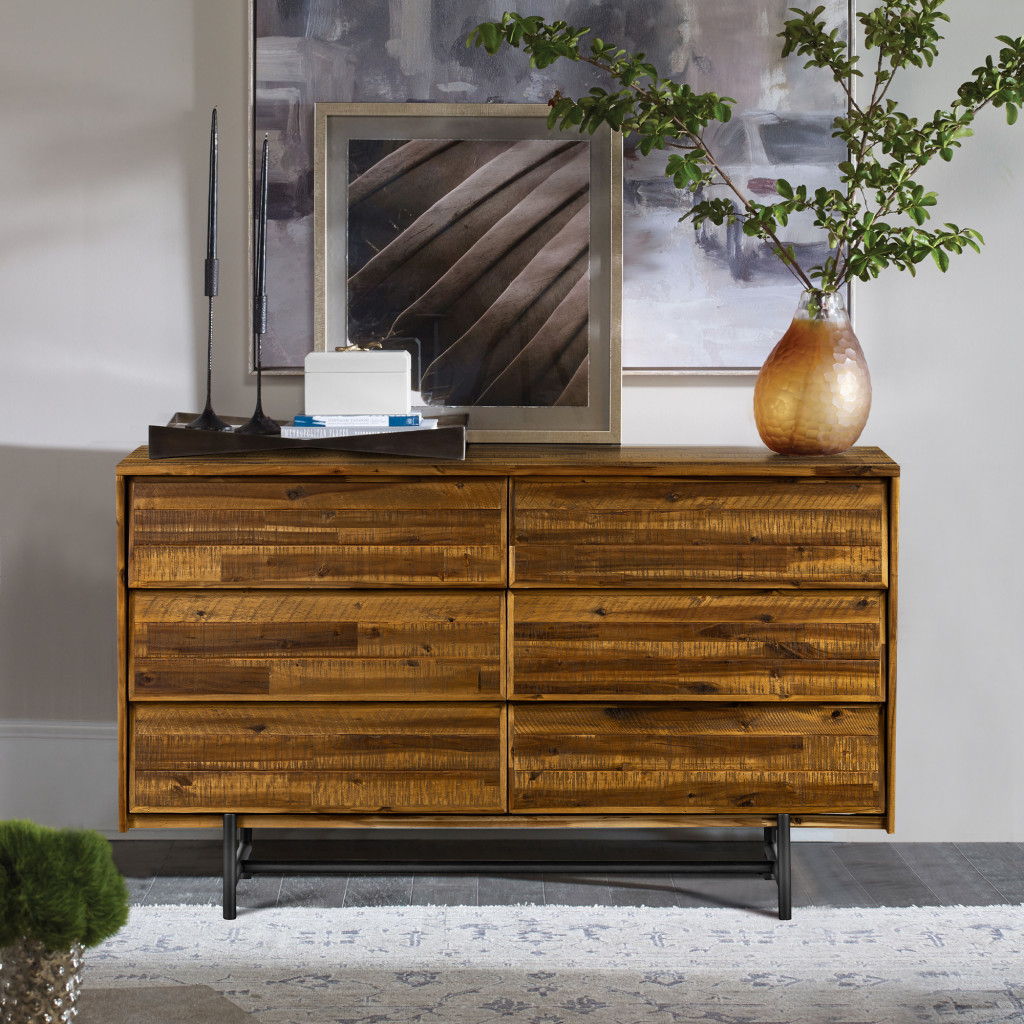 Solid Wood Six Drawer Double Dresser - Brown / Black