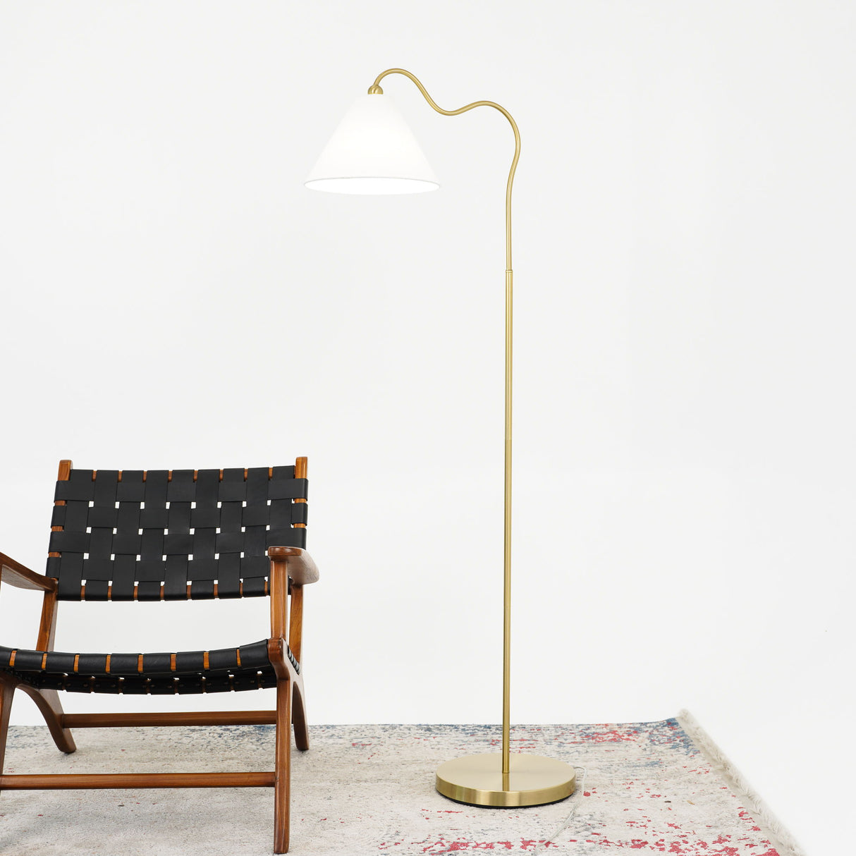 Majestic - Ring Base Curved Floor Lamp With Triangle Drum Shade - Gold / White