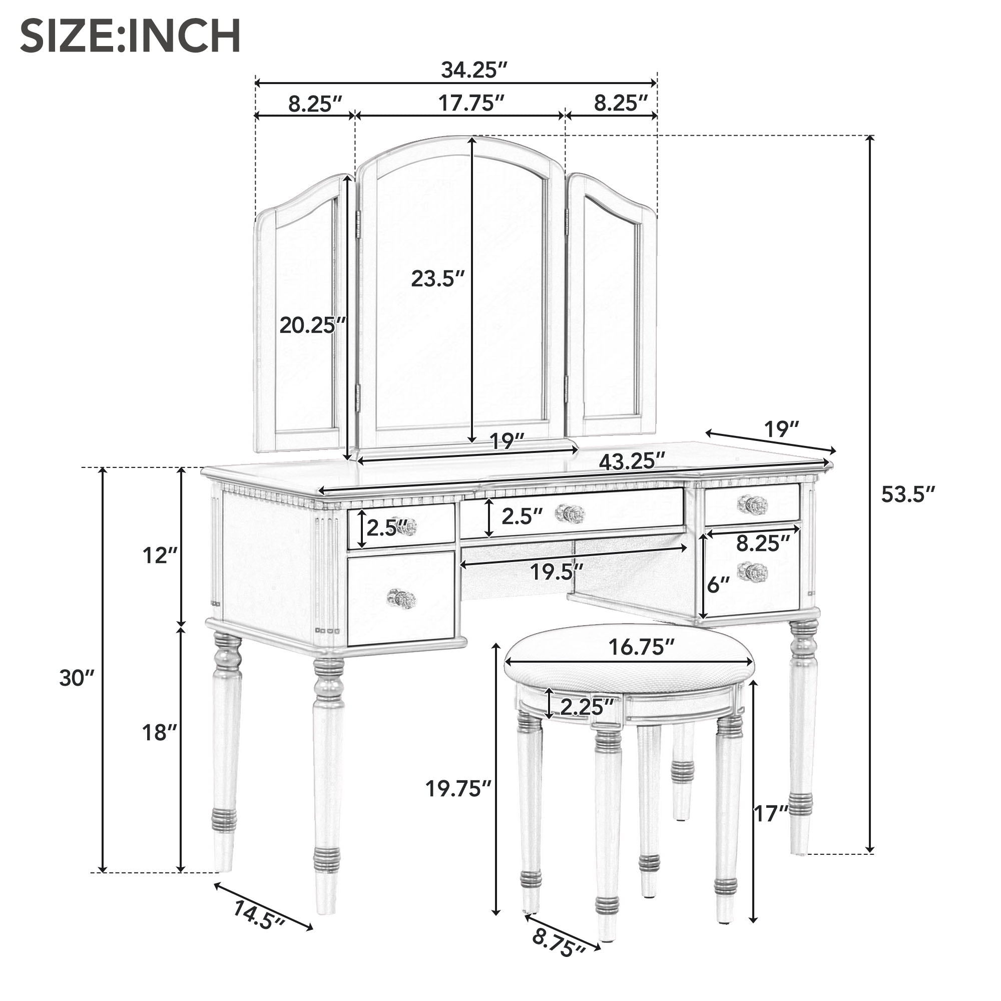 Dressing Table Set With Mirrored Drawers And Stool, Tri-Fold Mirror, Makeup Vanity Set For Bedroom