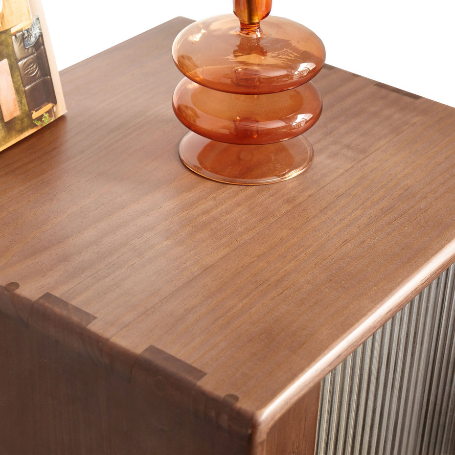 Free-Standing Corner Cabinets Storage Table With Vintage Glass Door, 2 Shelves, 2 Drawers And Brass Handle - Walnut