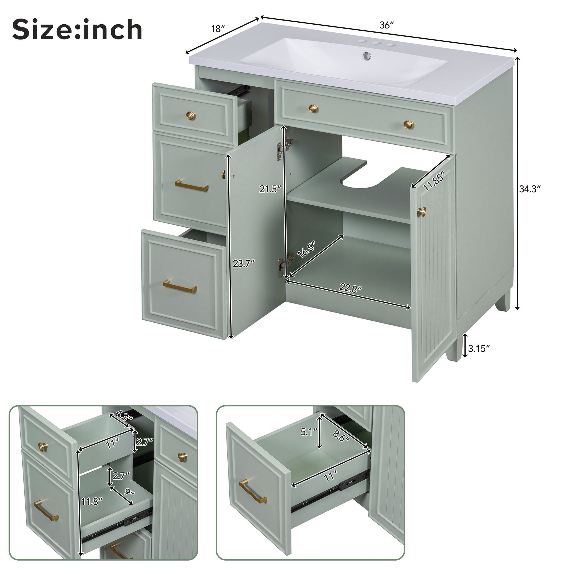 Bathroom Vanity, Transitional Style Bathroom Cabinet With Resin Sink, Single Bathroom Cabinet, With 2 Drawers And 1 Adjustable Storage Shelf, 2 Soft-Close Doors