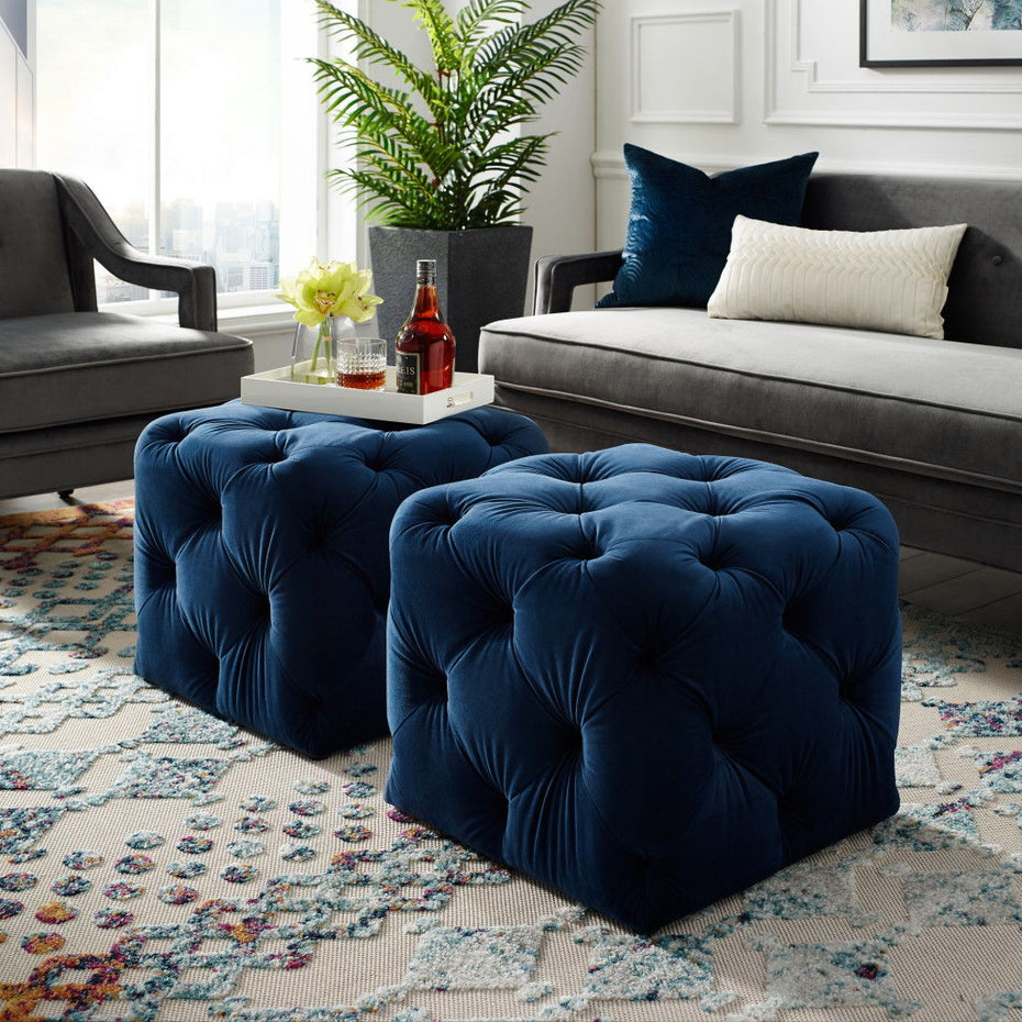 Velvet Cube Ottoman - Navy Blue