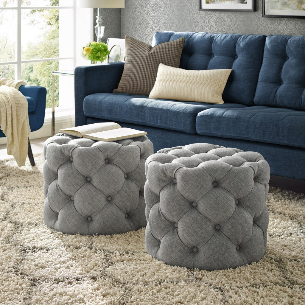 Linen Tufted Round Ottoman - Light Gray