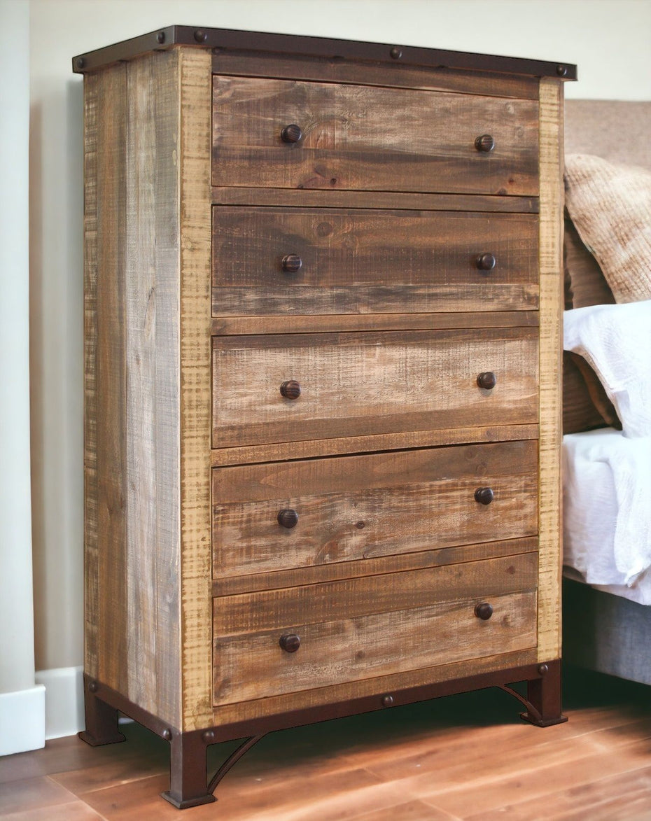 Solid Wood Five Drawer Chest - Brown