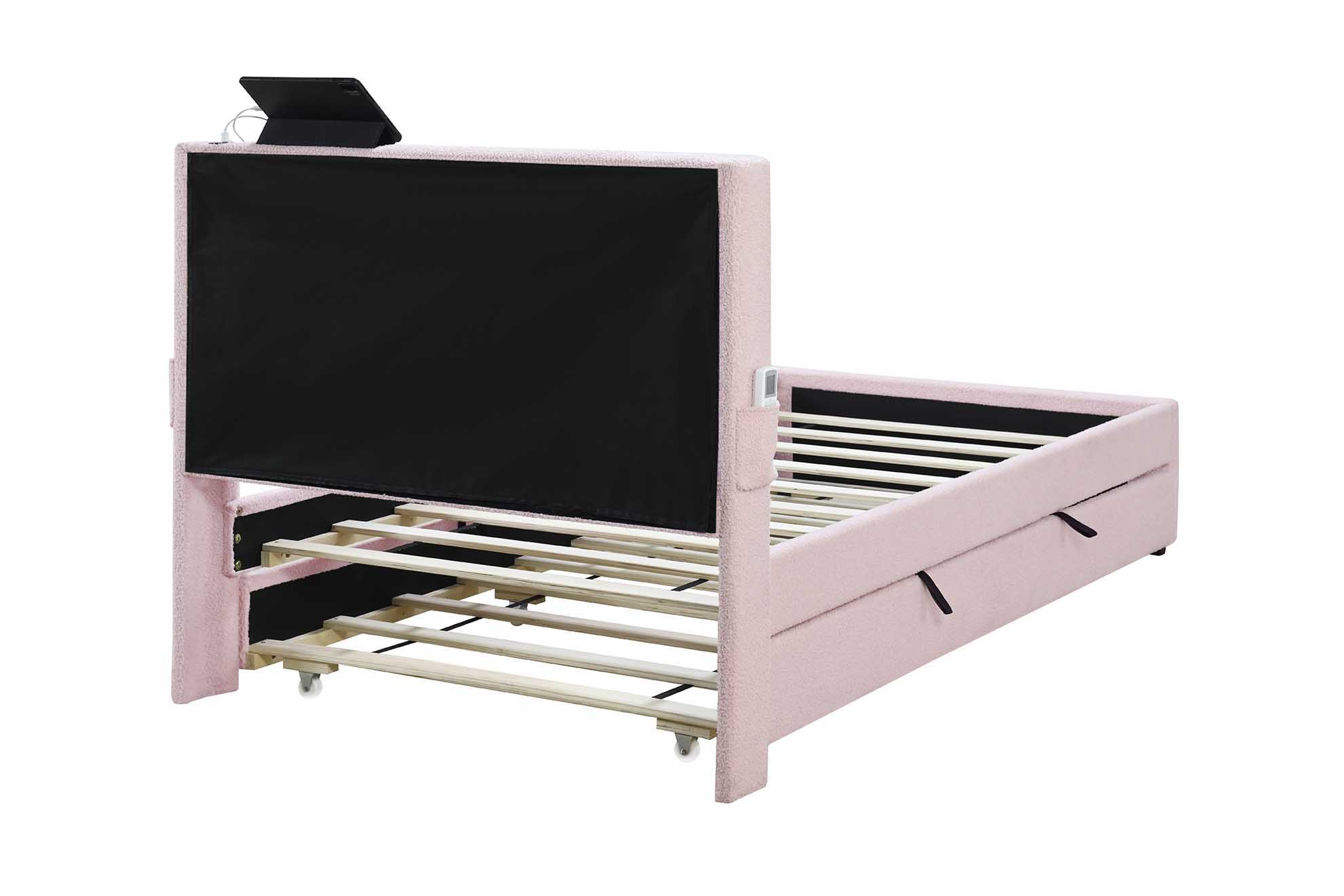 Twin Size Upholstered Bed Frame With Trundle Bed, Teddy Fabric, USB Functionality, And A Pocket Design On The Side Of The Headboard For Storing Small Items - Baby Pink