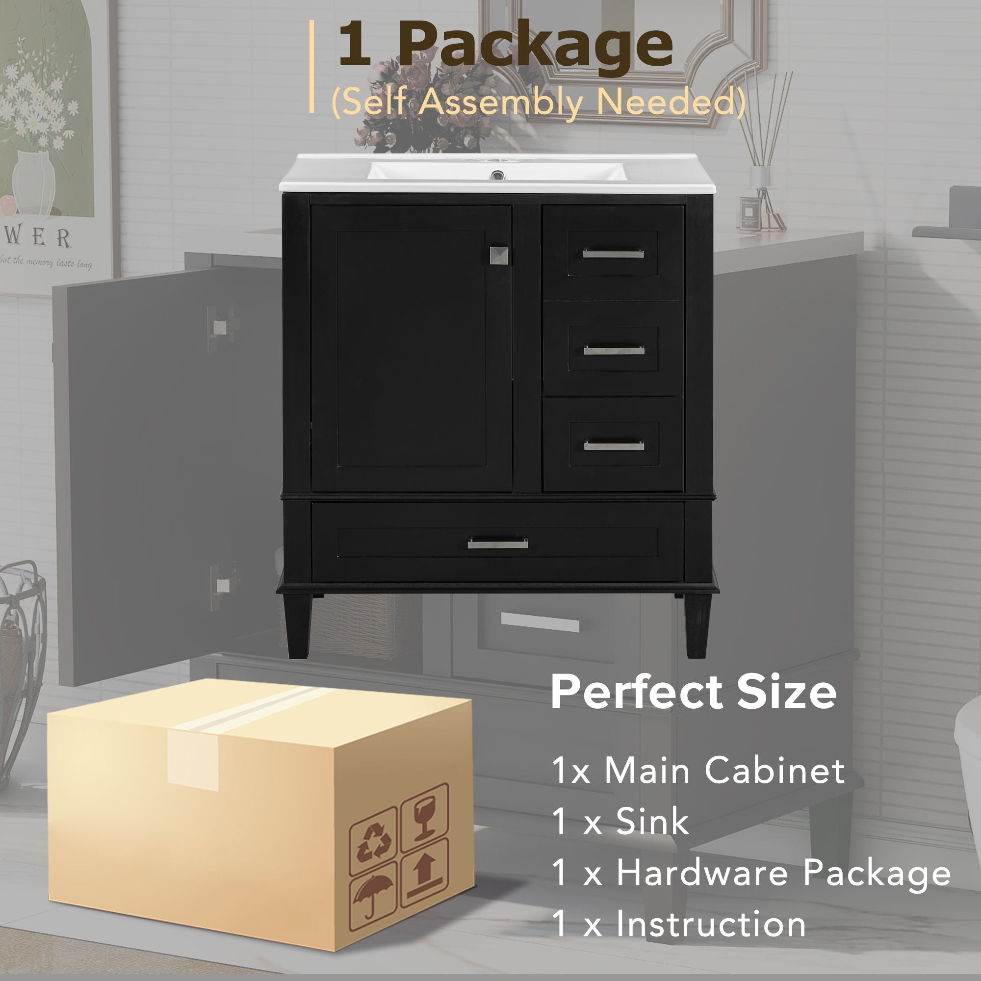 Bathroom Vanity, Modern Bathroom Cabinet With Sink Combo Set, Bathroom Storage Cabinet With A Soft Closing Door And 3 Drawers, Solid Wood Frame