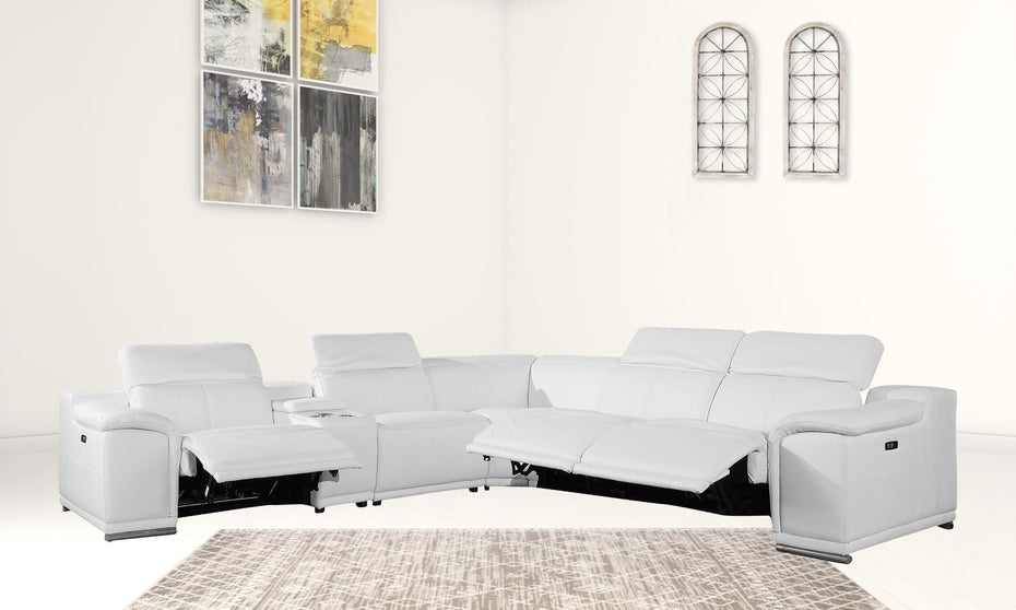 Italian Leather Power Reclining U Shaped Six Piece Corner Sectional With Console - White