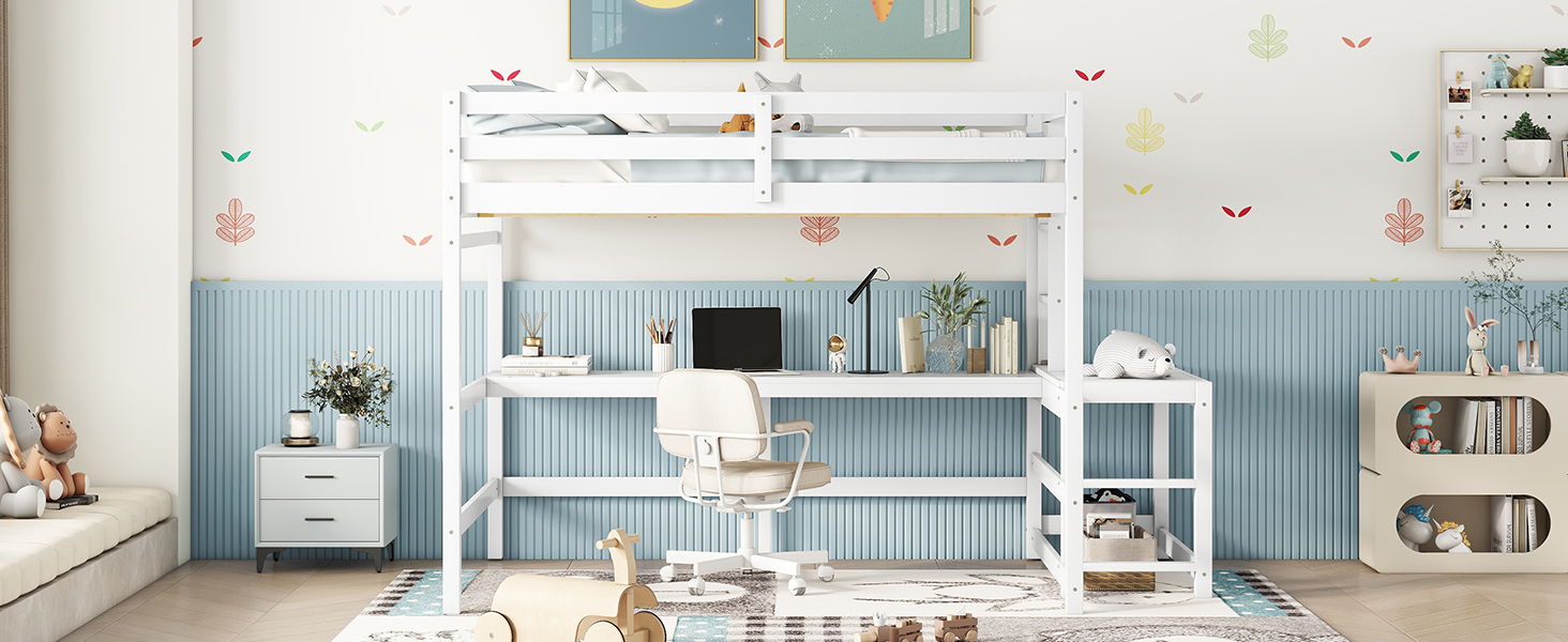 Loft Bed With Built-In Desk, Ladder Platform, Ladders, Guardrails