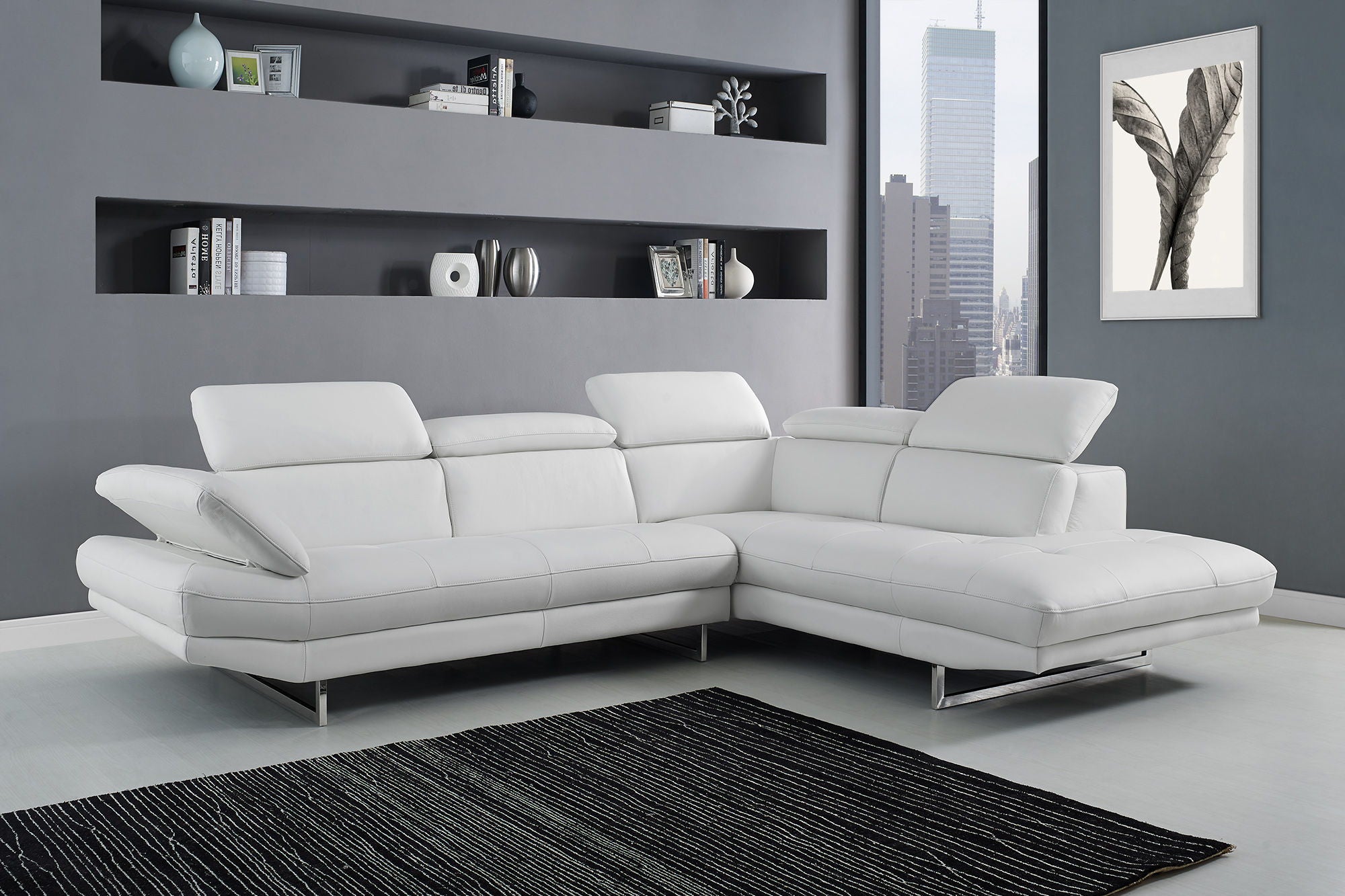 Leather Sofa Chaise With Silver Legs - White Top Grain