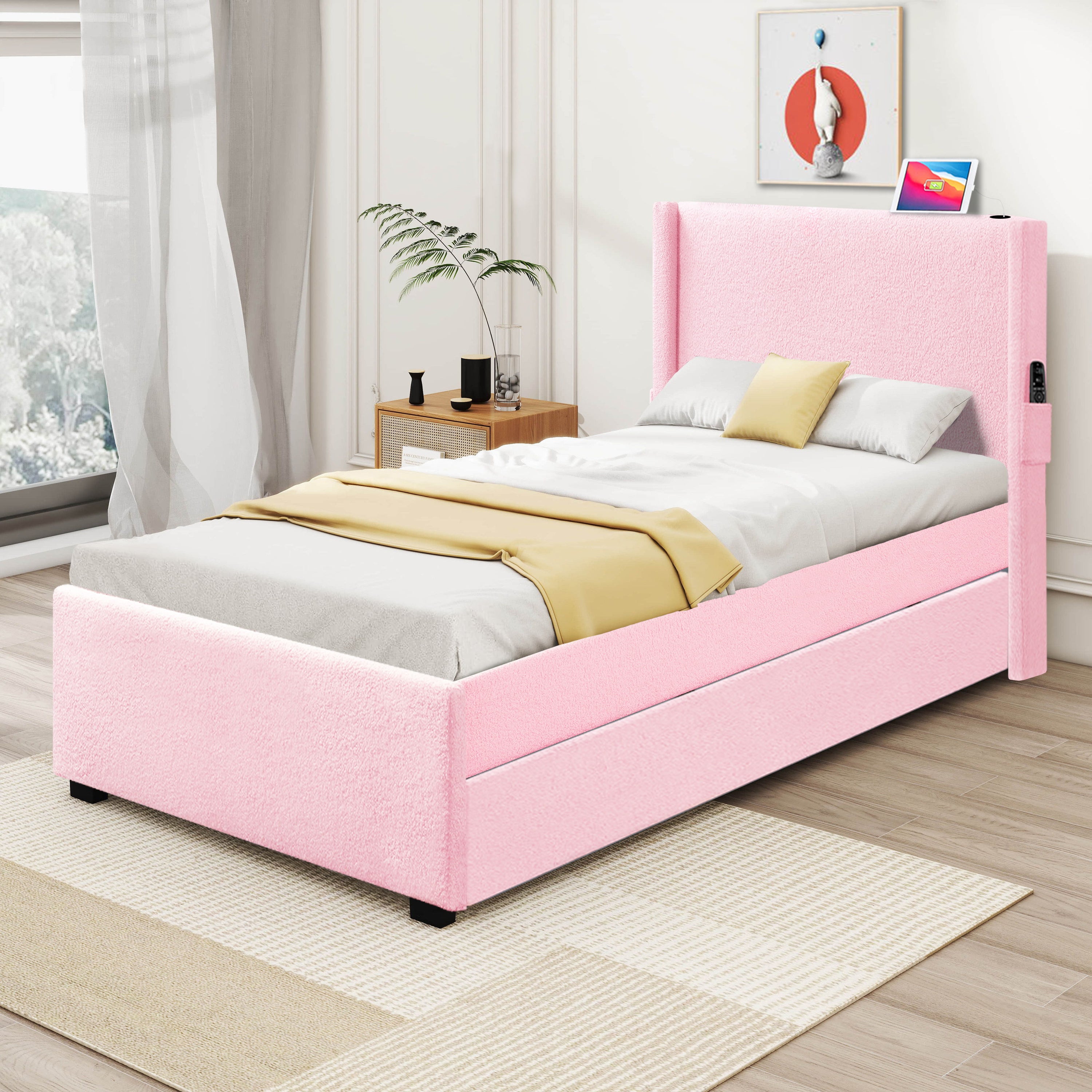 Twin Size Upholstered Bed Frame With Trundle Bed, Teddy Fabric, USB Functionality, And A Pocket Design On The Side Of The Headboard For Storing Small Items - Baby Pink