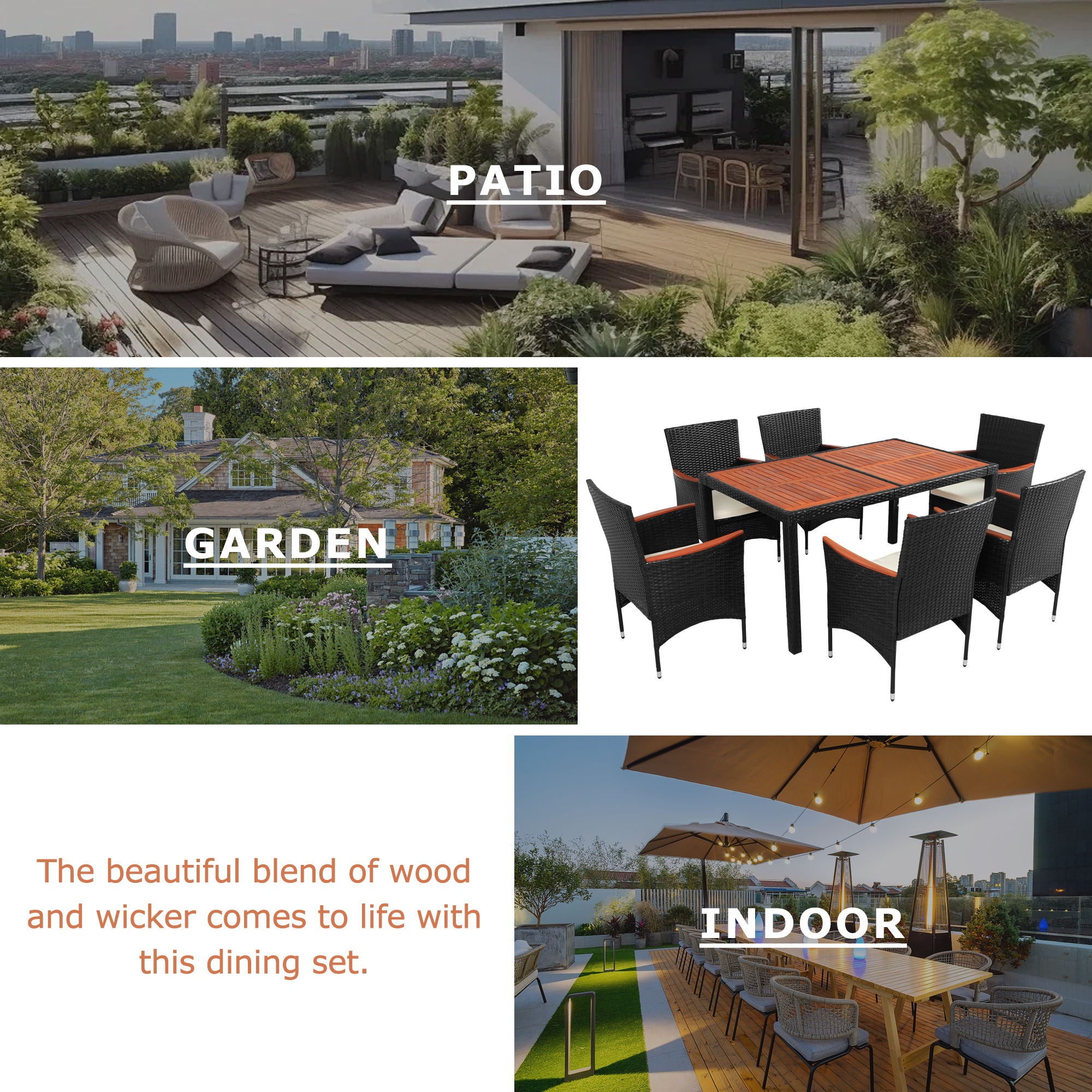 Outdoor Patio Dining Set, Garden PE Rattan Wicker Dining Table And Chairs Set, Acacia Wood Tabletop, Stackable Armrest Chairs With Cushions